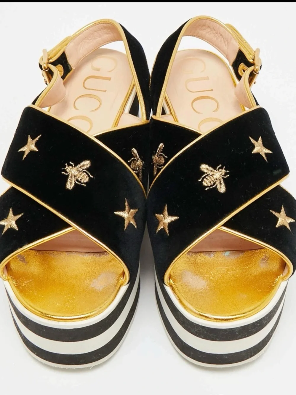 Gucci Black Velvet Star & Bee Embroidered Platform Sandals